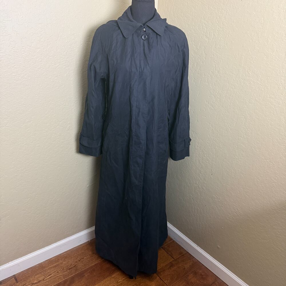 London Fog Women’s Hooded Trench Coat Black Long Rain Jacket Size L